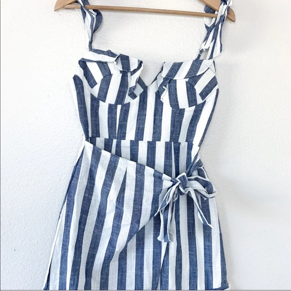 Saints + Secrets Stripes Denim Sweetheart Faux Wrap Dress Blue White Ruffle Mini - Picture 3 of 15
